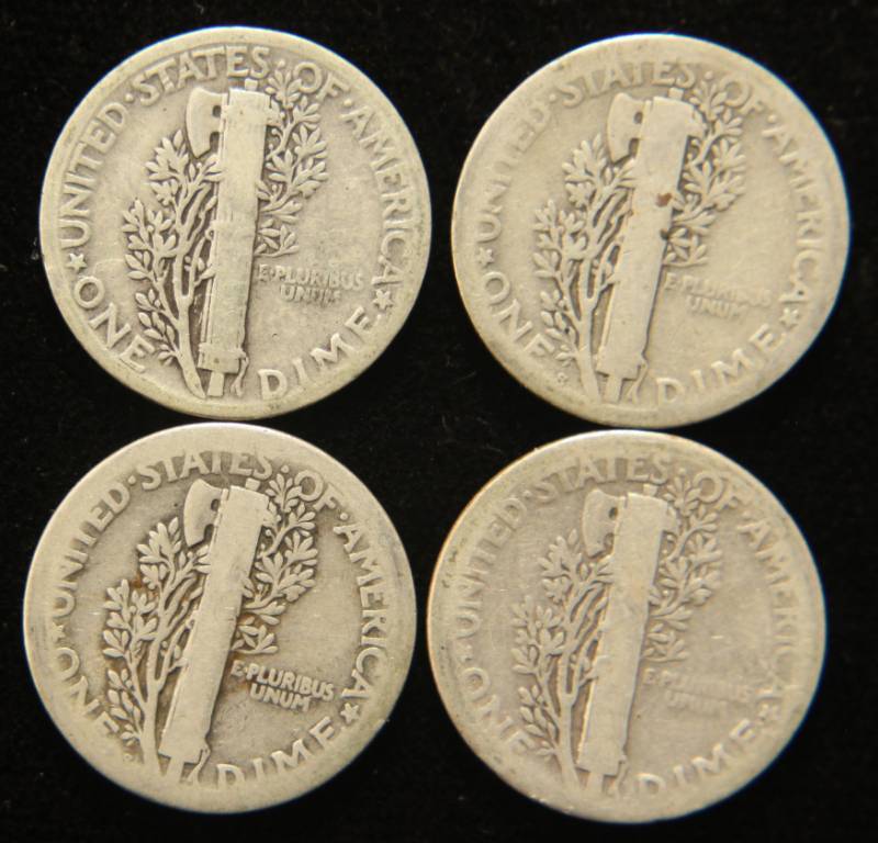 lot 15 image: 4 MERCURY DIMES 1917-S 1918-S 1927 1929