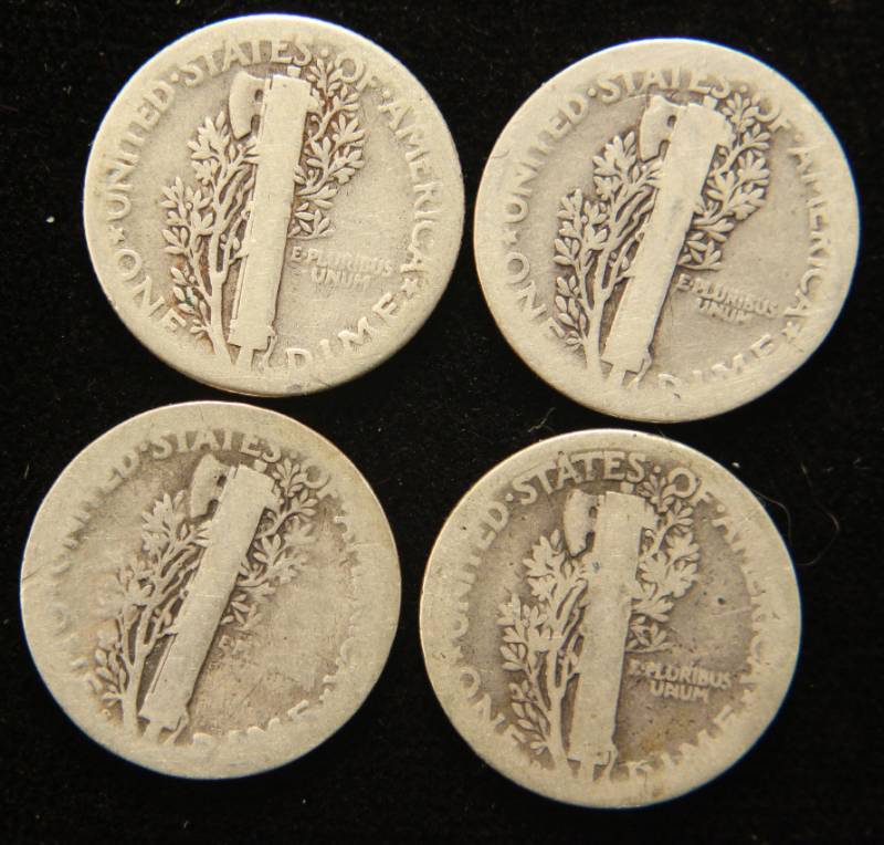 lot 25 image: 4 MERCURY DIMES 1920 1920-D 1920-S 1927