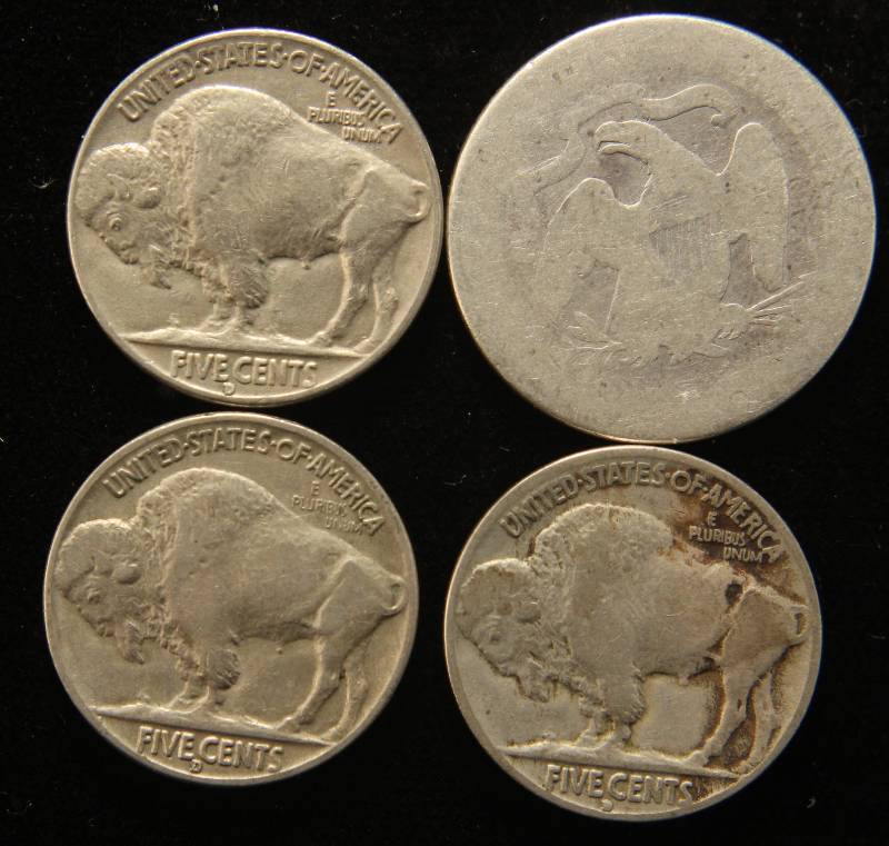 lot 41 image: 4 COINS 1876 SEATED QUARTER 1929-D 1937-D 1938-D BUFFALO NICKELS
