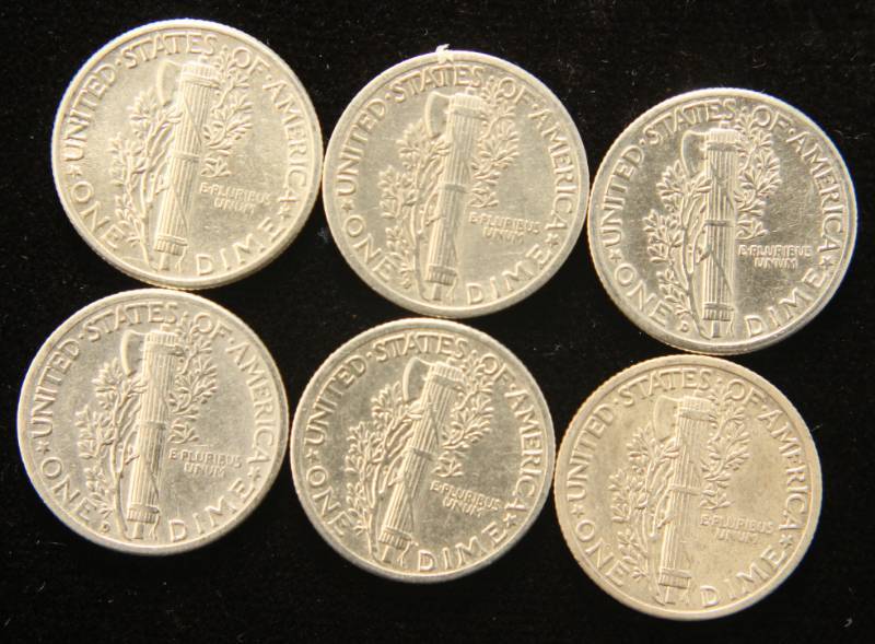 lot 42 image: 6 AU-UNC MERCURY SILVER DIMES
