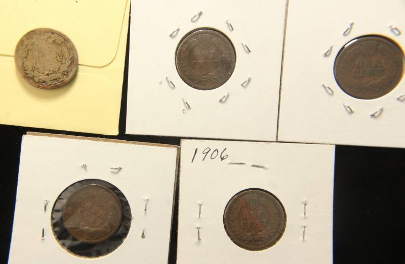 lot 46 image: 5 COINS 1858 FLYING EAGLE 1881 1900 1905 1906 INDIAN HEAD CENTS