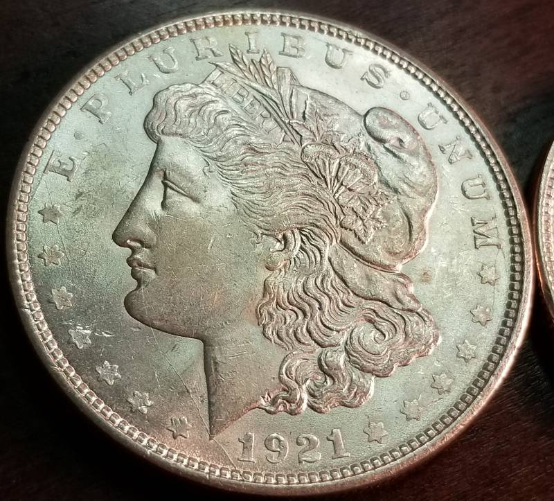 lot 14-A image: 2 BU-UNC 1921 MORGAN SILVER DOLLARS