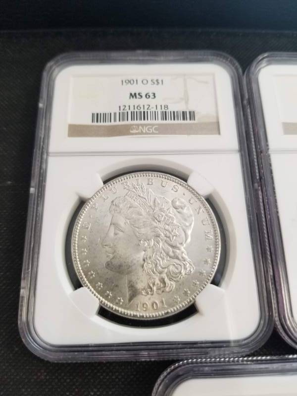 lot 08-A image: 3 NEW ORLEANS MINT MORGAN SILVER DOLLARS 1901-O 1902-O 1904-O MS63 NGC