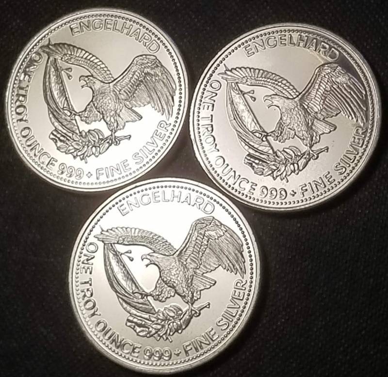 lot 22-A image: 3 TROY OZ. .999 FINE SILVER 3X 1oz AMERICAN PROSPECTOR ENGELHARD ROUNDS