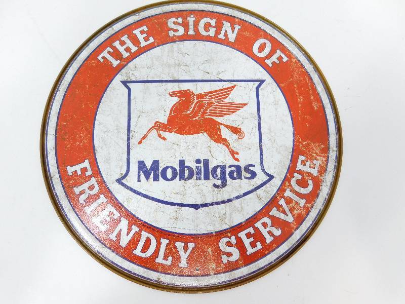 lot 32 image: Mobil Gas Round Metal Sign