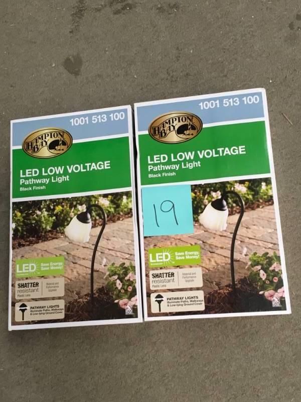 Hampton Bay Low-Voltage Black Outdoor Integrated LED Black Landscape Path Light with White Tulip Shade QTY 2 not used
