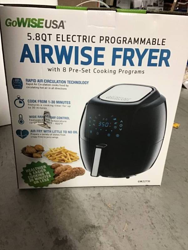 lot 15 image: GoWISE USA 5.8 Qt. 8-in-1 Black Electric Air Fryer in like new condition