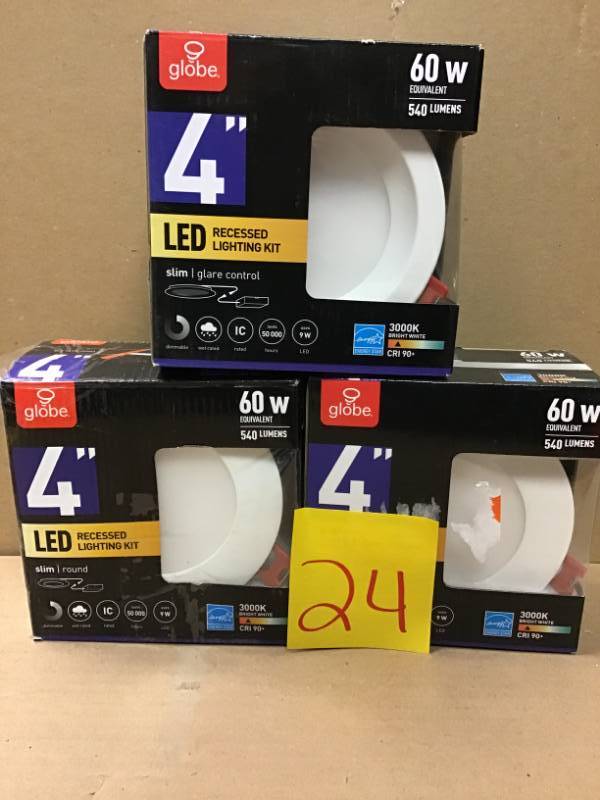 lot 24 image: Globe Electric Designer Slim Glare Control 4 in. White Integrated LED Recessed Kit QTY 3 in like new condition