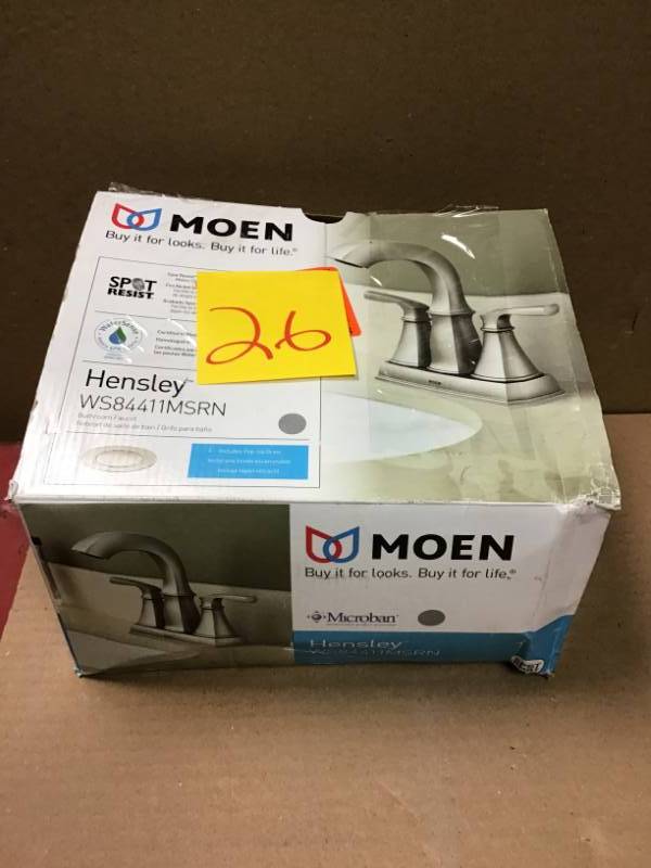 lot 26 image: MOEN Hensley 4 in. Centerset 2-Handle Bathroom Faucet Featuring Microban Protection in Spot Resist Nickel in like new condition