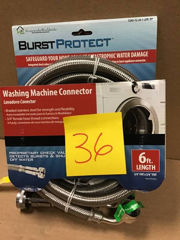 lot 36 image: Homewerks 7243-72-34-1-2pk-bp Washing Machine Connector 6 34 Fht X 34 Fht in like new condition