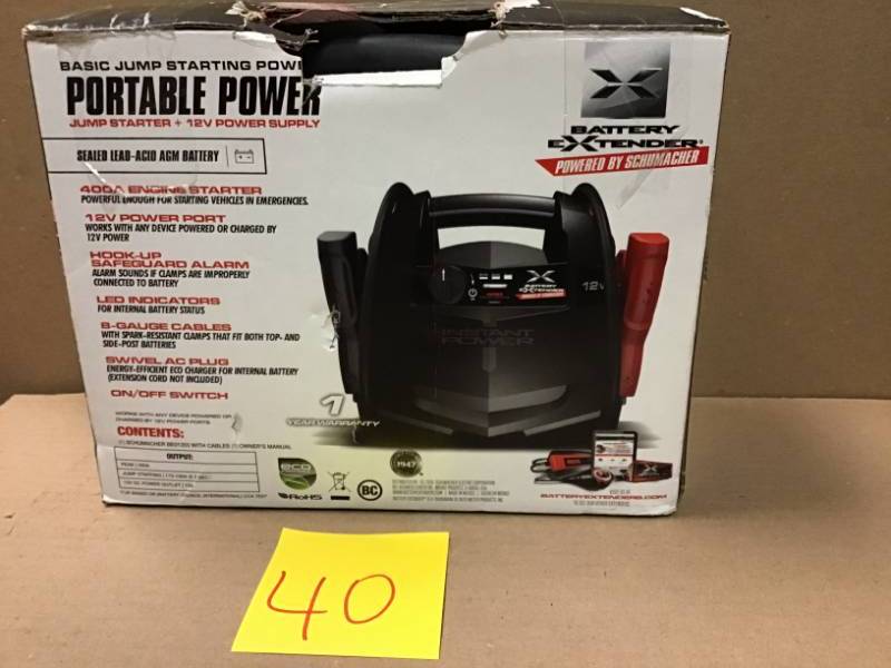 lot 40 image: Schumacher Battery Extender 12-Volt, 400 Amp Battery Jump Starter in like new condition
