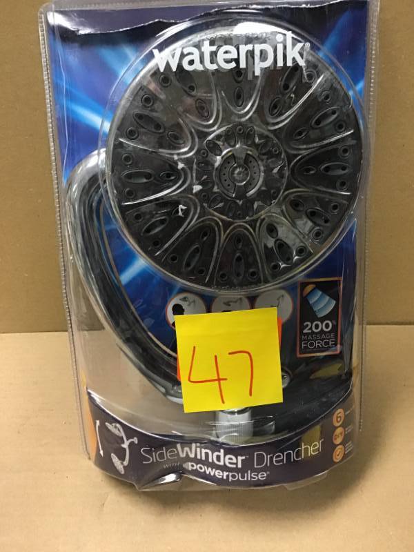 lot 47 image: Waterpik Sidewinder 6-Spray 7 in. Rainfall Showerhead in Chrome in like new condition