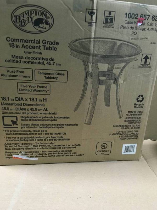 lot 56 image: Hampton Bay Commercial Grade 18 in Accent Table Gray Finish in like new condition