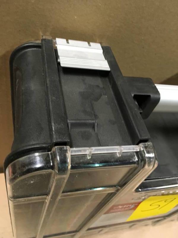 lot 59 image: Husky 15 in. x 13 in. Black Pro Double Sided Small Parts Organizer with Bins (8-Piece) damage in one lach
