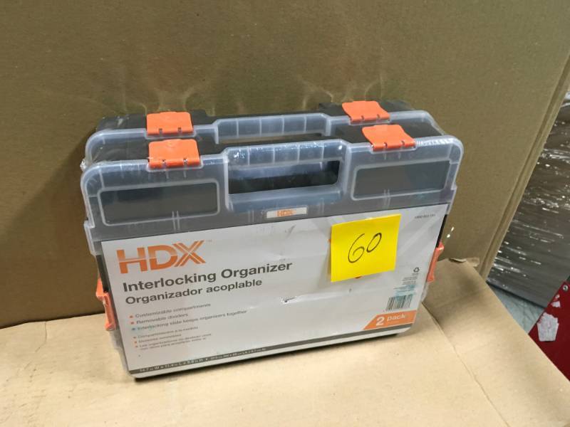 lot 60 image: HDX 15-Compartment Interlocking Small Parts Organizer in Black (2-Pack) not used