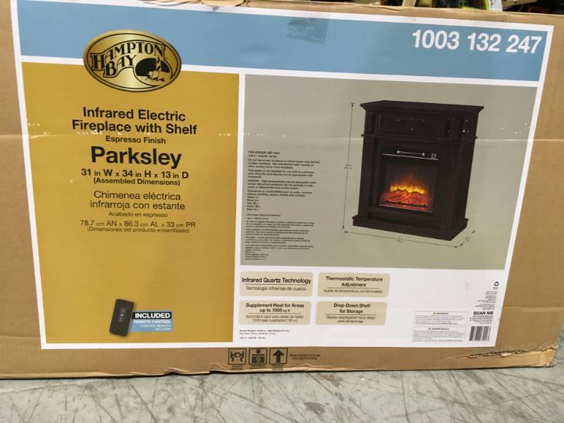 lot 62 image: Hampton Bay Parksley 31 in. Freestanding Compact Infrared Electric Fireplace in Espresso in like new condition