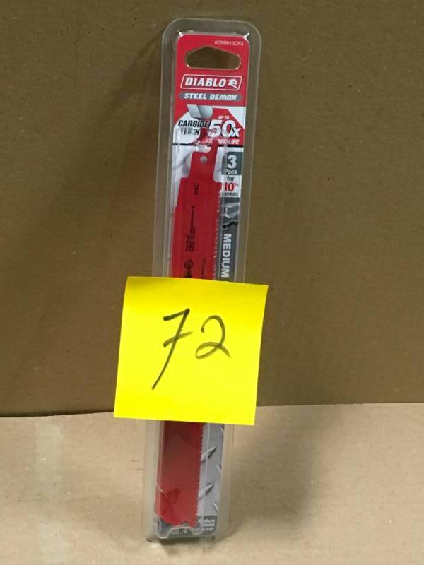 lot 72 image: Diablo 9 in. 10 TPI Steel Demon Carbide Medium Metal Cutting Reciprocating Saw Blade (3-Pack) in like new condition