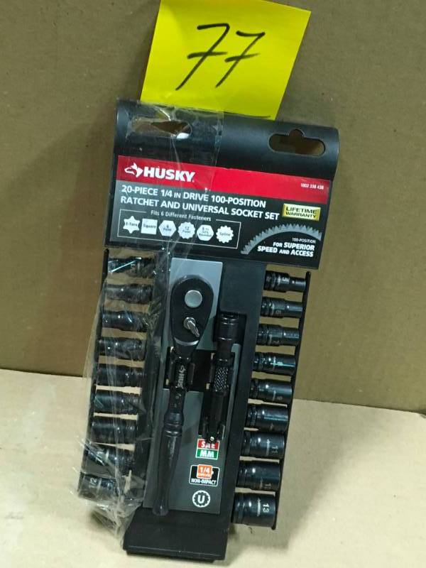 lot 77 image: Husky 14 in. Drive 100-Position Ratchet and Universal SAEMetric Socket Wrench Set (20-Piece) in like new condition