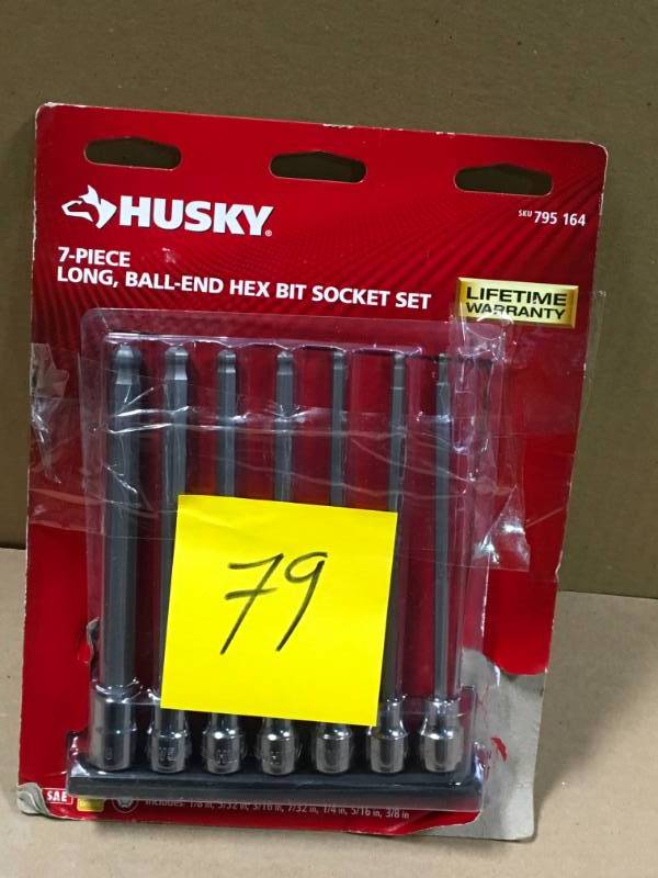 lot 79 image: Husky 38 in. Drive SAE Long Ball Hex Bit Socket Set (7-Piece) in like new condition