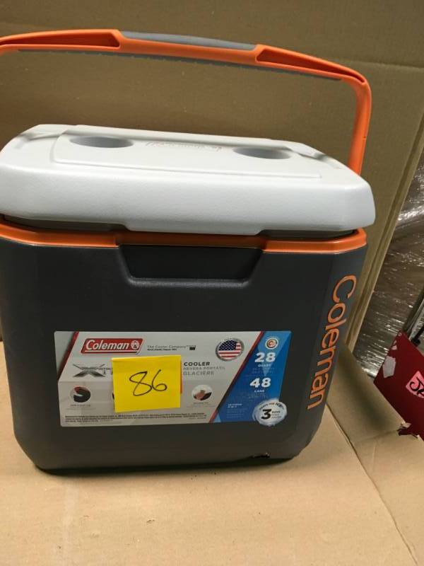 lot 86 image: COLEMAN Chest Cooler Holds 48-Cans Insulated Lid Large Comfort Grip Handle Drink Storage in like new condition
