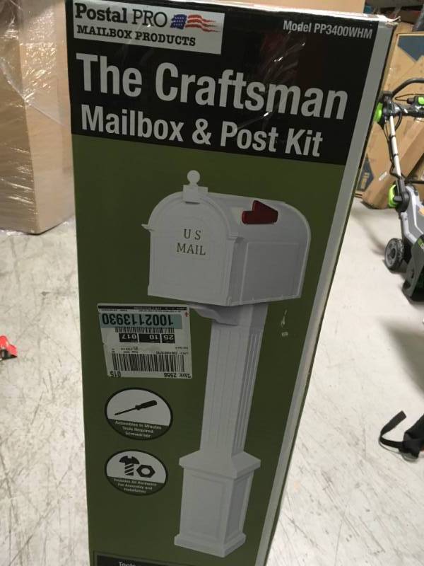 lot 91 image: Postal Pro Craftsman Mailbox and Post Kit, White in like new condition