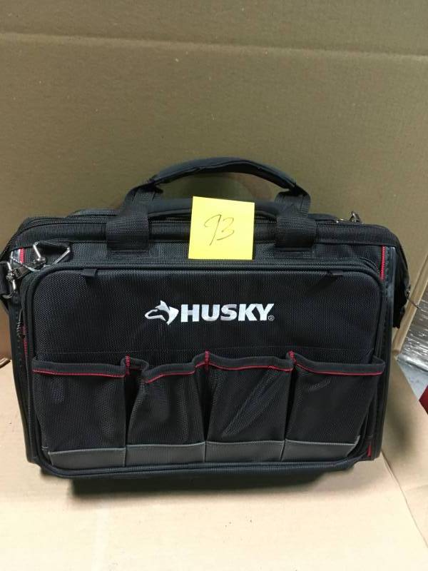 lot 93 image: Husky 14 in. Large Mouth Tool Bag in like new condition
