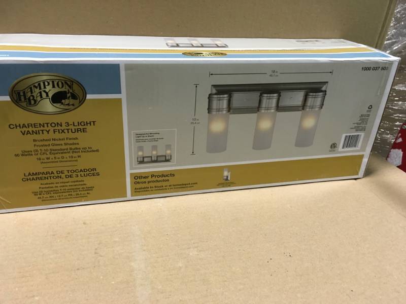 lot 97 image: 3-Light Brushed Nickel Wall Vanity Fixture in like new condition