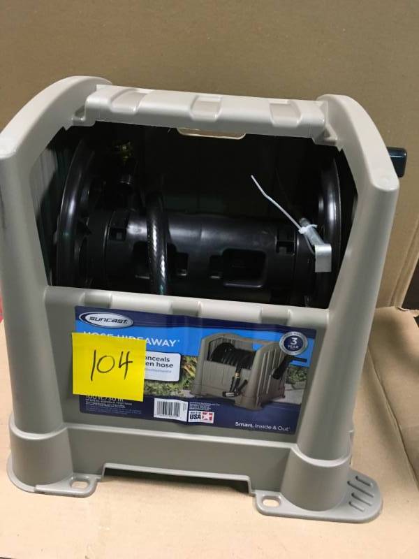 lot 104 image: Suncast Hideaway 100 Foot Capacity Stationary Resin Garden Hose Reel, Taupe