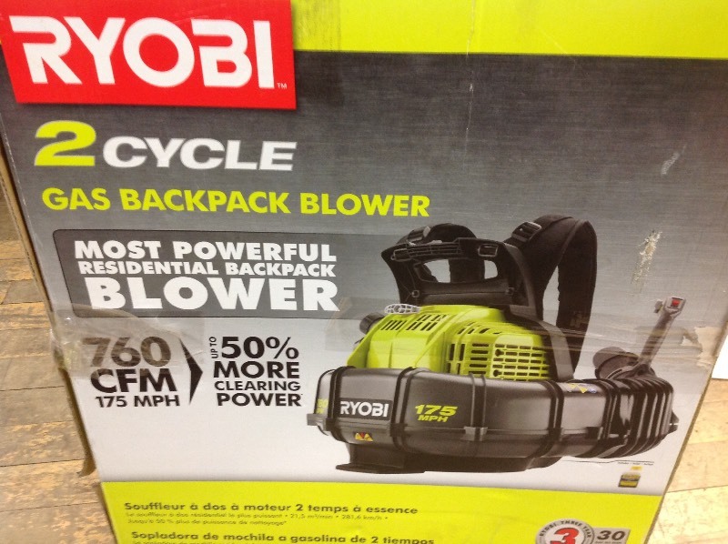 lot 114 image: RYOBI 175 MPH 760 CFM 38cc Gas Backpack Leaf Blower in like new conditions