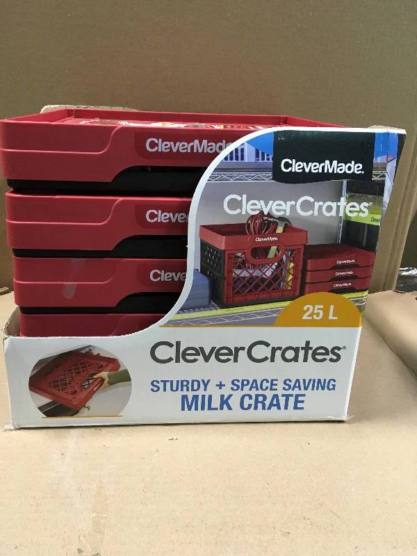 4X CleverMade Collapsible Milk Crates, 25L Plastic Stackable Storage Bins Utility not used