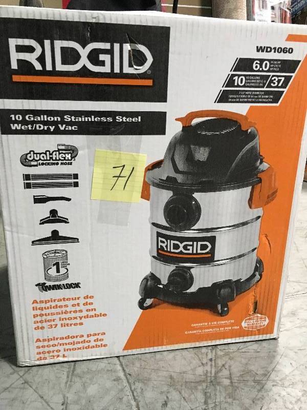 RIDGID 10 Gal. 6.0 Peak HP Stainless Wet Dry Vac USED in working condition