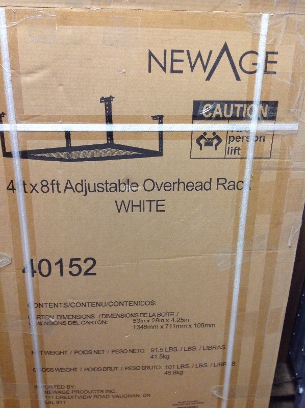 lot 112 image: Lot of 2 NewAge Products Performance 96 in. L x 48 in. W x 42 in. H Adjustable VersaRac Ceiling Storage Rack in White in good conditions
