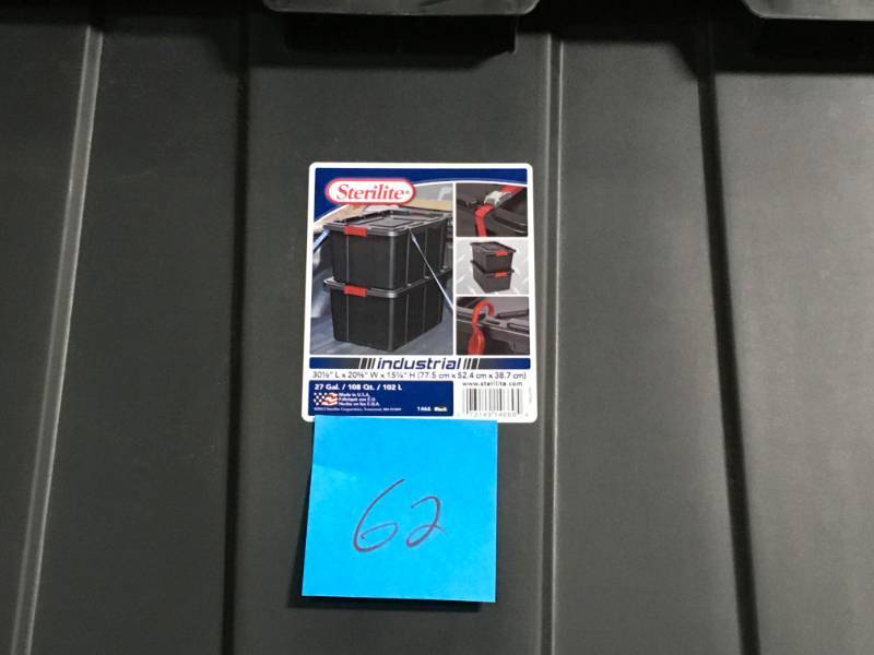lot 62 image: Sterilite 27 Gal. Industrial Storage Tote in Black not used