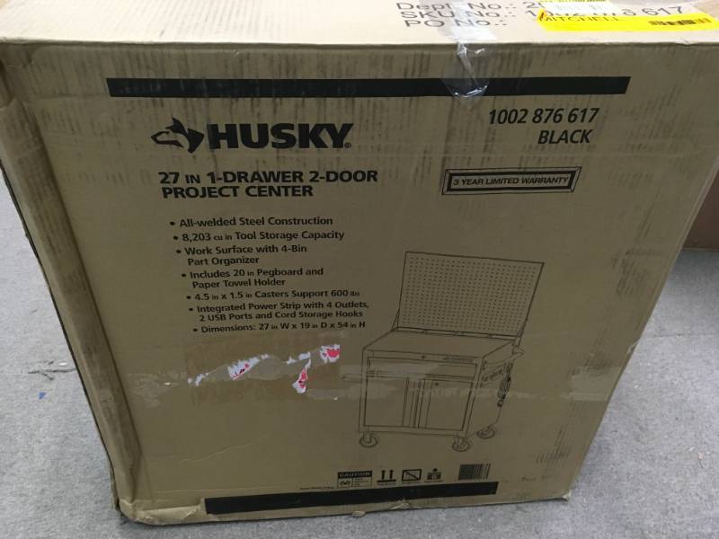 lot 89 image: Husky 27 in. W 19 in. D 1-Drawer 2-Door Rolling Tool Cabinet with Flip-Up Pegboard in Black not used