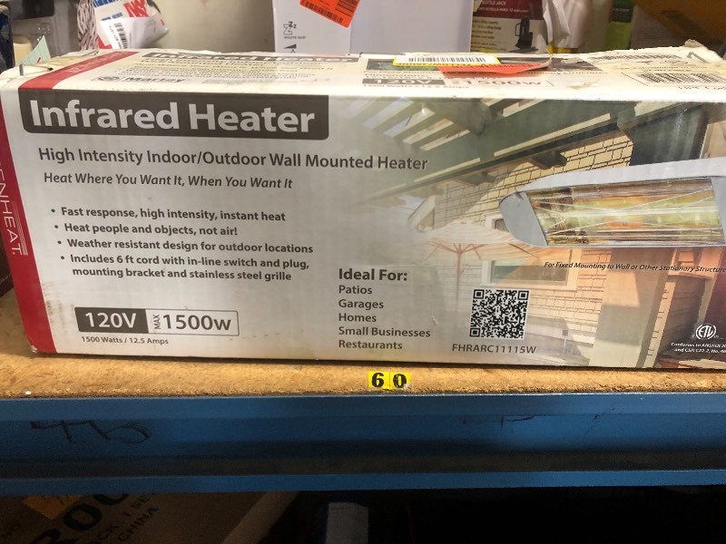 lot 121 image: Fahrenheat 1,500-Watt Infrared Portable Electric Patio Heater with 120-Volt Plug and Switch not used
