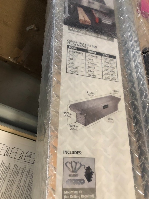 lot 123 image: Husky 71.3 in. x 13.8 in. x 15.7 in. Aluminum Full Size Low Profile Slim Saddle Truck Box new