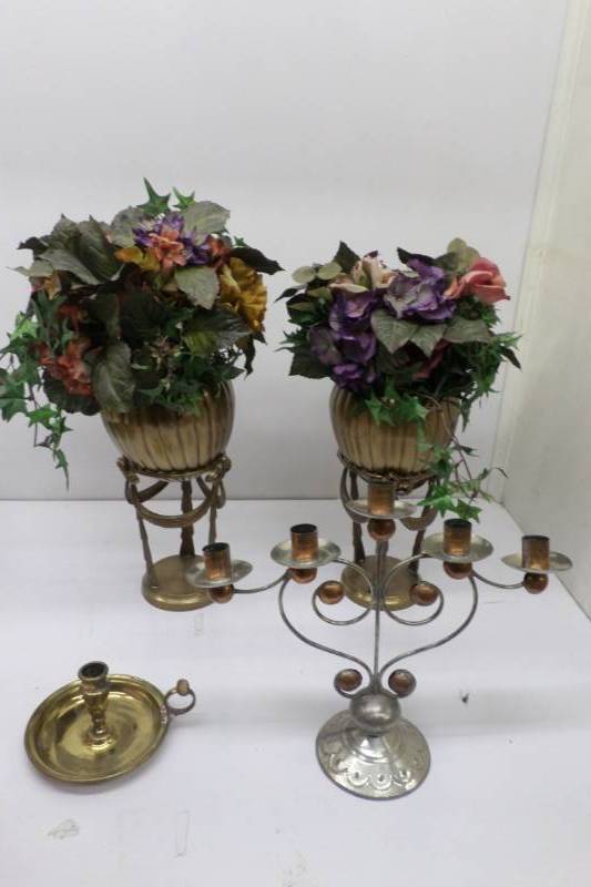 Two Antique Looking Fake Flower Holders, Two Candle Holders