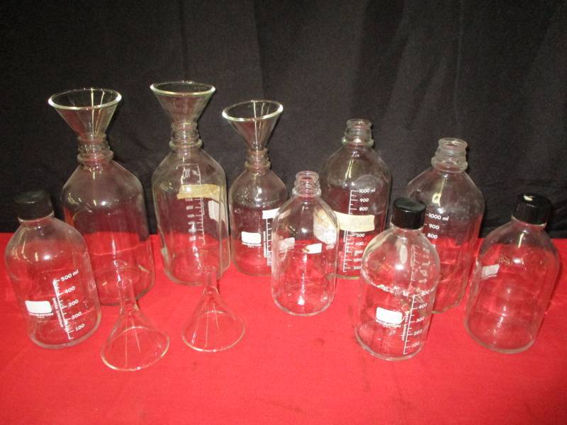 Science Equiptment Bottles and funnels and more
