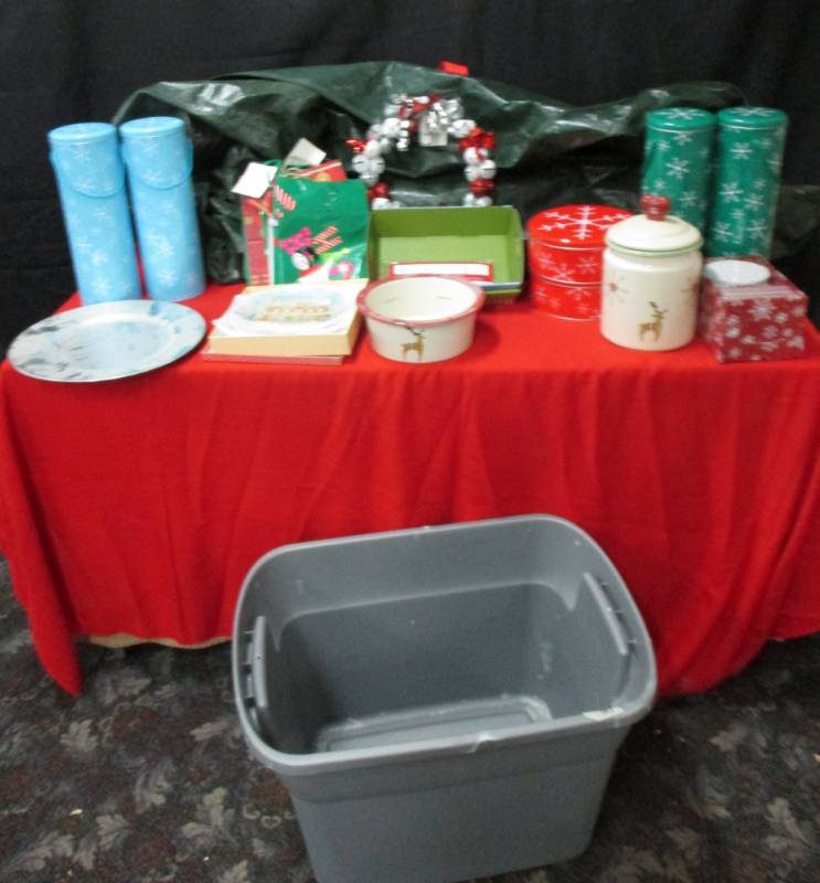 Christmas Tree Bag, Tub , Tin Gift Bags, Wreath, Cookie Jar, and more