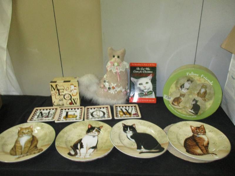 Cat Plates, Stuffed cat book and cat plates