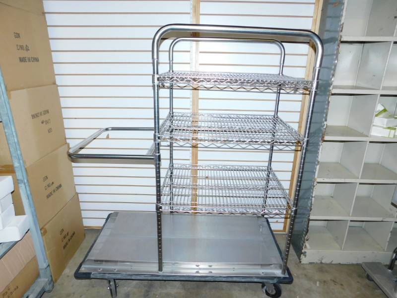 Chrome Three Shelf Storage Unit On Wheels