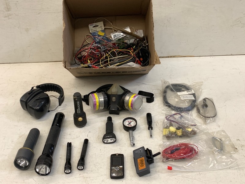 lot 71 image: Assorted Ear Muffs, Respirator, Electrical Supplies, Etc