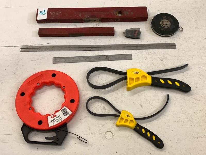 lot 78 image: Strap Wrenches, Level & Straight Edges, Steel Tape, Etc