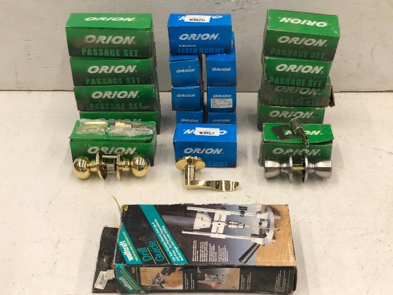 lot 43 image: Box Lot Of Drill Guide, Door Knob Sets, Etc