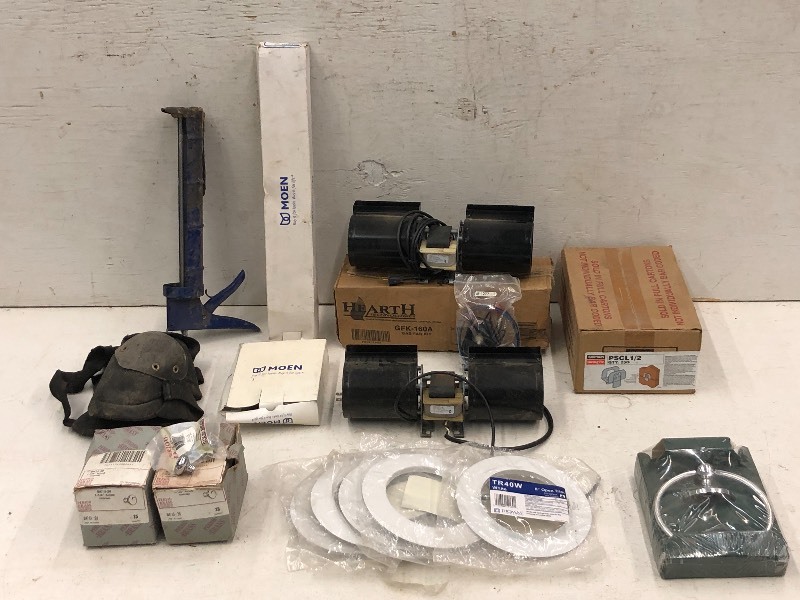 lot 45 image: Tote Of Gas Fan Kits, Knee Pads, Building Supplies, Etc