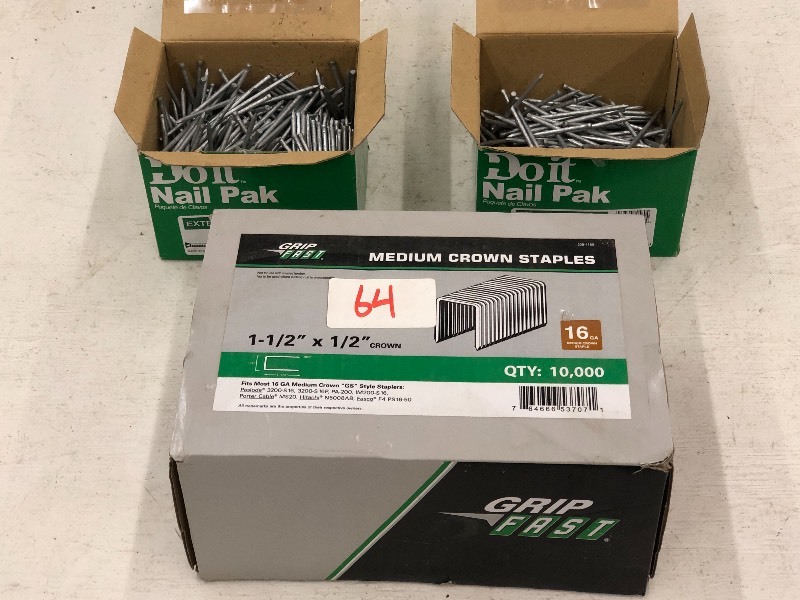 lot 63 image: (2) Boxes Of Casing Nails & (1) Box Of Crown Staples