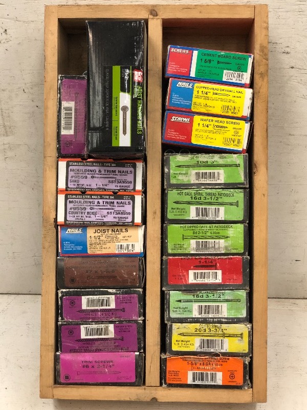 lot 65 image: Box Of Sinker Nails, Drywall Screws, Trim Nails, Deck Nails, Etc