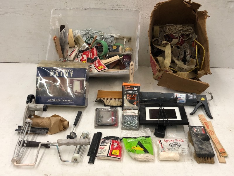 lot 69 image: Tote Of Painting Supplies, Tools, Straps, Etc