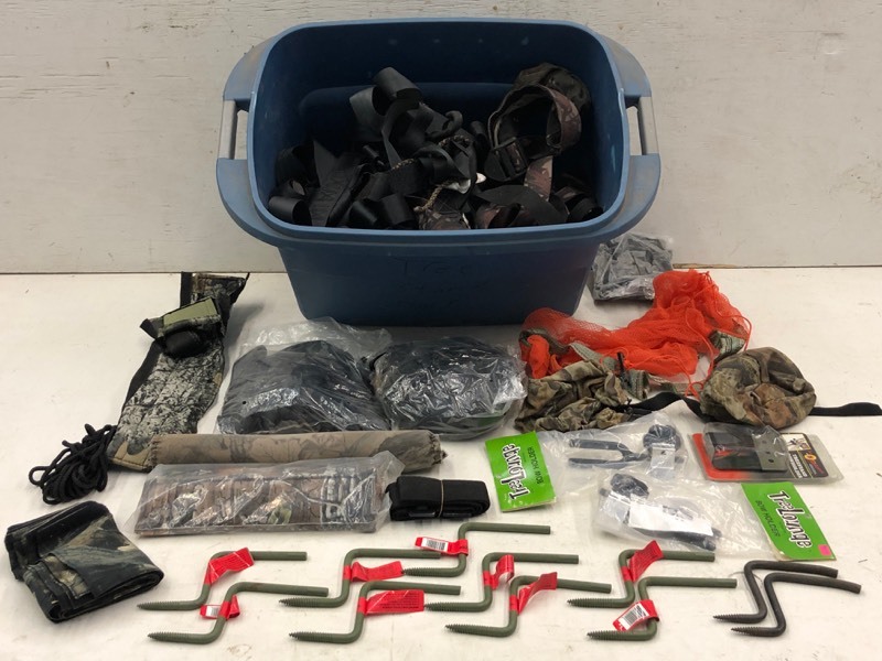 lot 95 image: Tote Of Tree-Stand Safety Harness, Hunting Supplies & Etc