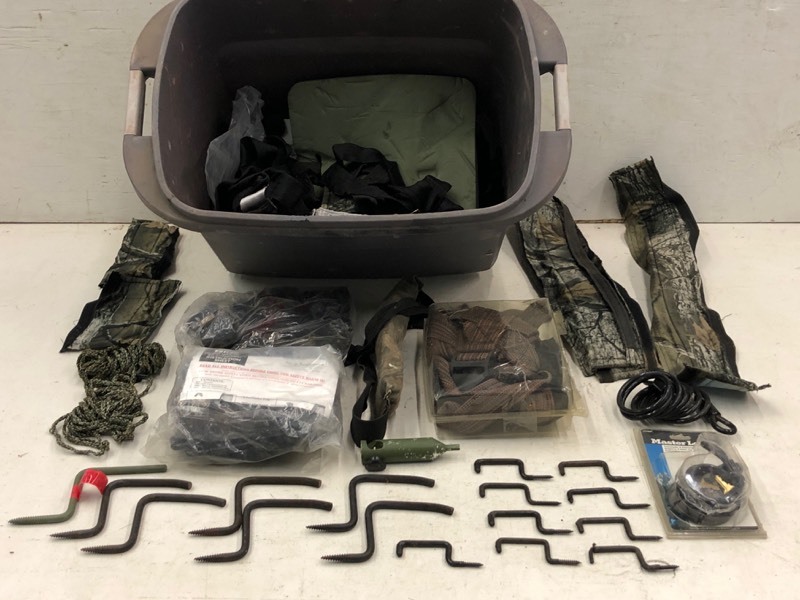 lot 99 image: Tote Of Tree-Stand Safety Harness & Assorted Hunting Supplies